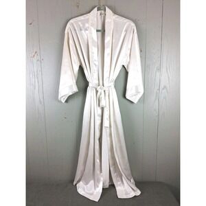 Womens White Satin Robe Lingerie Dentelle M Kimono Sleeve Battenberg Lace Trim